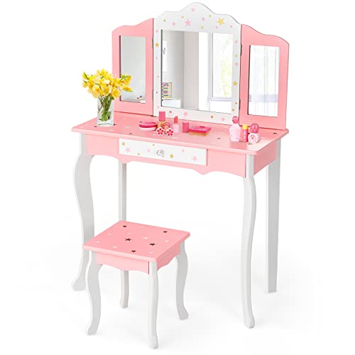 GOPLUS Kinder Schminktisch mit Hocker, Prinzessin Kosmetiktisch mit abnehmbarem Klappspiegel, Frisiertisch Holz mit Schublade für Mädchen (Rosa) von GOPLUS