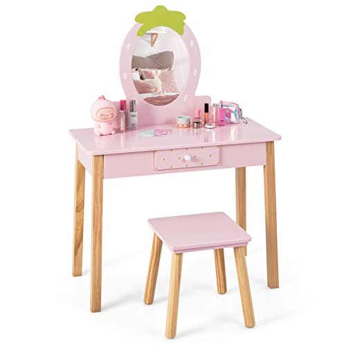 GOPLUS Kinder Schminktisch mit Spiegel, Kosmetiktisch Mädchen mit Schubladen, Frisiertisch Kinder mit Hocke, Schminkkommode Rosa von GOPLUS