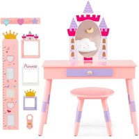 Kinder Schminktisch mit Spiegel, Prinzessin Frisiertisch mit Wachstumstabelle, Türhänger, Kleiderhaken & Wandregal, Kosmetiktisch Holz mit Hocker, von GOPLUS