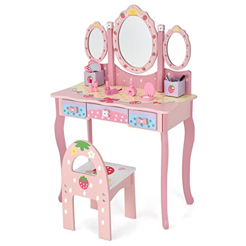 GOPLUS Schminktisch Kinder mit 3 Speigeln, Frisiertisch Mädchen mit 3 Schubladen, Prinzessin Kosmetiktisch Holz (Rosa) von GOPLUS