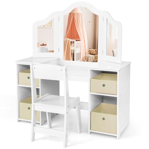 GOPLUS Kinder Schminktisch mit Stuhl, Prinzessin Frisiertisch mit mit abnehmbarem Spiegel, Kosmetiktisch Holz (Weiß mit Stuhl & Box) von GOPLUS