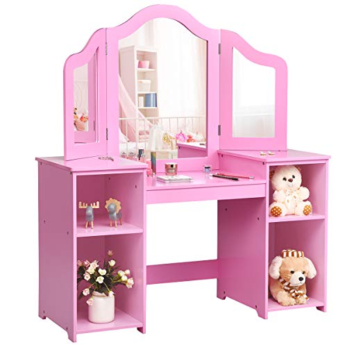 GOPLUS Kinder Schminktisch, Prinzessin Frisiertisch mit mit abnehmbarem Spiegel, Kosmetiktisch Holz (Rosa-ohne Box & Stuhl) von GOPLUS