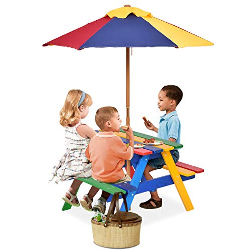 GOPLUS Kindermöbel, aus Tannenholz, Picknicktisch mit Bank für Kinder, mit Sonnenschirm, Kindersitzgruppe für 4 Kleinkinder, Geeignet für drinnen & draußen, Garten, Balkon, Strand (Modell 1) von GOPLUS