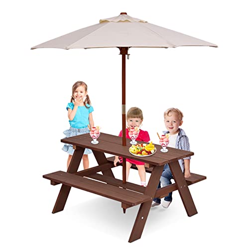 GOPLUS Kindermöbel, aus Tannenholz, Picknicktisch mit Bank für Kinder, mit Sonnenschirm, Kindersitzgruppe für 4 Kleinkinder, Geeignet für drinnen & draußen, Garten, Balkon, Strand (Modell 2) von GOPLUS