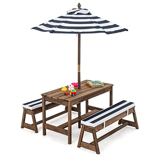 GOPLUS Kindermöbelset, Gartentischset mit 2 Bänken, 3-Fach Höhenverstellbarer Sonnenschirm, Tannenholz Oxford-Stoff Schaumstoffkissen, Kinder Gartenmöbelset für Garten Terrasse Balkon (Blau) von GOPLUS