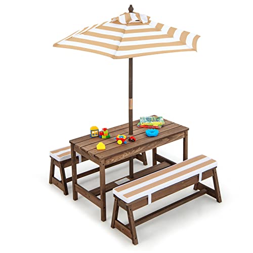 GOPLUS Kindermöbelset, Gartentischset mit 2 Bänken, 3-Fach Höhenverstellbarer Sonnenschirm, Tannenholz Oxford-Stoff Schaumstoffkissen, Kinder Gartenmöbelset für Garten Terrasse Balkon (Braun) von GOPLUS