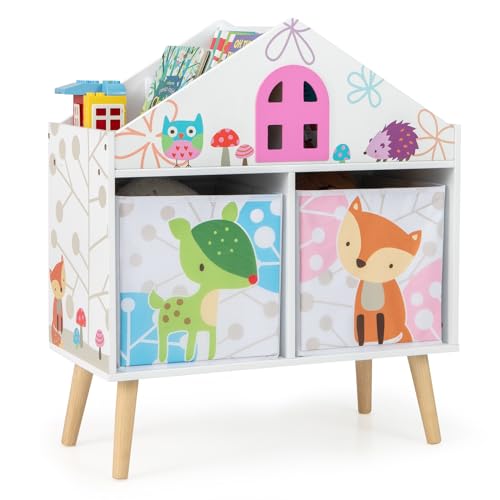 GOPLUS Kinderregal, Kinder Bücherregal mit 2 Stoffschubladen & 4 oberen Fächern, Spielzeugregal Spielzeugtruhe für Kinderzimmer & Spielzimmer, 62 x 30 x 72 cm von GOPLUS