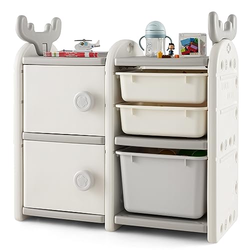 GOPLUS Kinderregal, Spielzeugregal mit 2 Schublade, 2 Türschrank & Aufbewahrungsbox, Stabiler Spielzeug-Organizer mit Kippsicherung, für Kinderzimmer, Schlafzimmer & Kindergarten von GOPLUS