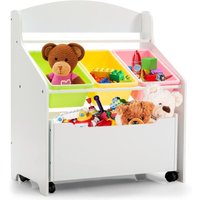 GOPLUS Kinderregal mit grossem Stauraum, 1 Offene Ablage & 3 Boxen & Kisten auf Rollen, Spiegelzeug aus Holz+Kunststoff, Aufbewahrungsregal für von GOPLUS
