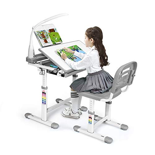 GOPLUS Kinderschreibtisch Set mit Bücherständer & LED-Licht, höhenverstellbarer Schülerschreibtisch mit neigbarer Tischplatte & Schublade, Jugendschreibtisch Kindertisch und Stuhl Set (Grau) von GOPLUS
