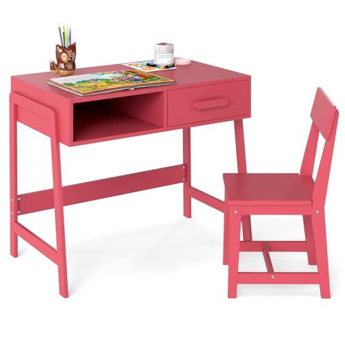 GOPLUS Kinderschreibtisch mit Stuhl Set, Kinderschreibtischset mit Schublade, Kiefernholzbeine, Kindersitzgruppe Jugendschreibtisch Schülerschreibtisch für Kinder, 85 x 48 x 70 cm (Rosa) von GOPLUS