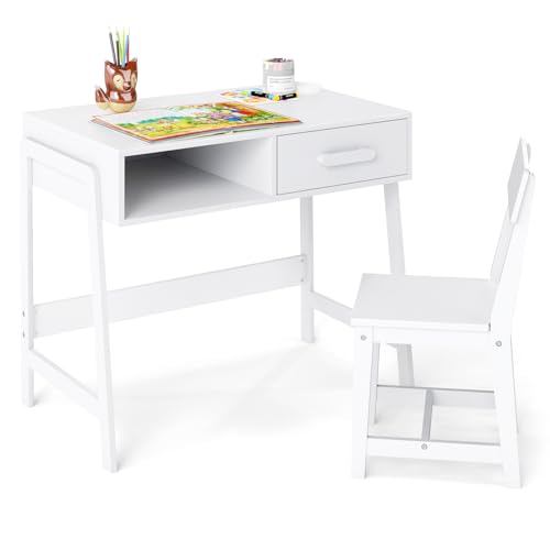 GOPLUS Kinderschreibtisch mit Stuhl Set, Kinderschreibtischset mit Schublade, Kiefernholzbeine, Kindersitzgruppe Jugendschreibtisch Schülerschreibtisch für Kinder, 85 x 48 x 70 cm (Weiß) von GOPLUS