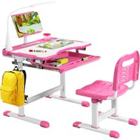 Kinderschreibtisch mit Verstellbarer Tischplatte & Lampe & Bücherstaender, Hoehenverstellbarer Schreibtisch, Lernschreibtisch Set mit Stuhl (Rosa) von GOPLUS