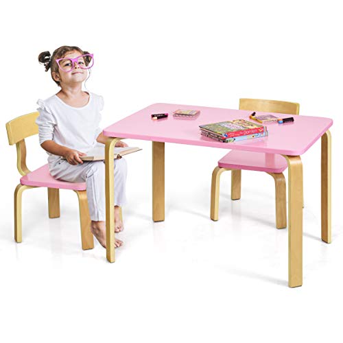 GOPLUS Kindersitzgruppe aus Holz mit 1 Kindertisch und 2 Stühle, Kindermöbel mit Abgerundeten Ecken und Kanten, Kinder Tisch und Stühle für Zuhause, Klassenzimmer, Kindergarten (Rosa) von GOPLUS