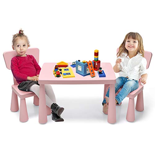 GOPLUS Kindersitzgruppe aus Kunststoff, Kindertisch mit 2 Stühlen, Stuhl mit Rückenlehne, mit Runden Kanten, Einfarbiges Design, für Junge und Mädchen, für Kinderzimmer (Rosa) von GOPLUS