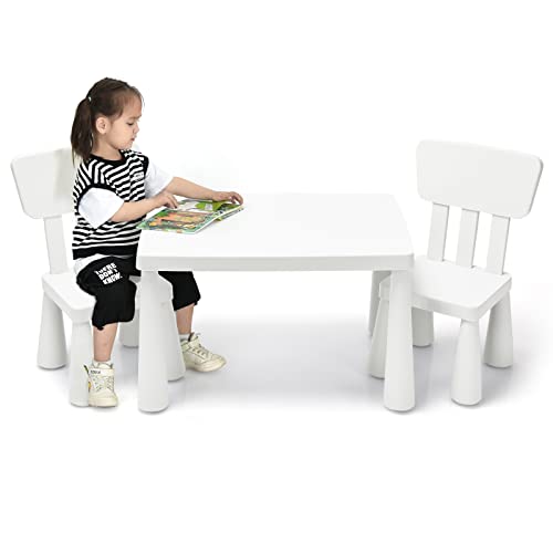 GOPLUS Kindersitzgruppe aus Kunststoff, Kindertisch mit 2 Stühlen, Stuhl mit Rückenlehne, mit Runden Kanten, Einfarbiges Design, für Junge und Mädchen, für Kinderzimmer (Weiß) von GOPLUS