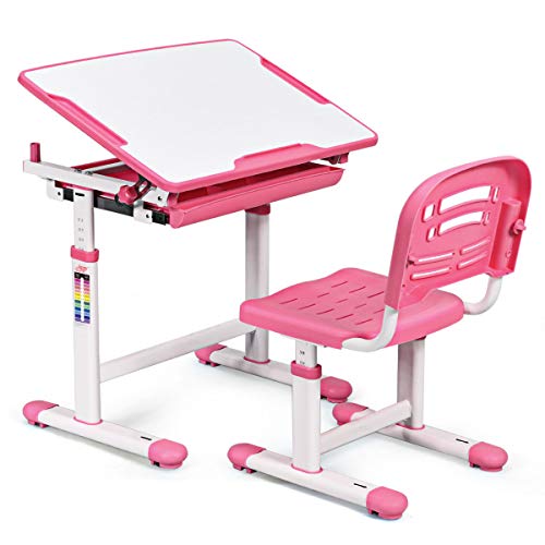 GOPLUS Kindertisch mit Stuhl, Kinderschreibtisch Höhenverstellbar, Schülerschreibtisch Farbewahl, Kindermöbel Neigungsverstellbar, Schreibtisch Kinder (Rosa) von GOPLUS