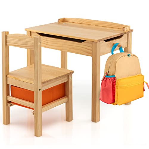 GOPLUS Kindertisch mit Stuhl, Kinderschreibtisch Kinder mit aufklappbarer Tischplatte & Sicherheitsgelenk & Haken & Stoffschublade, Kindersitzgruppe zum Basteln, Spielen, Zeichnen (Natur) von GOPLUS