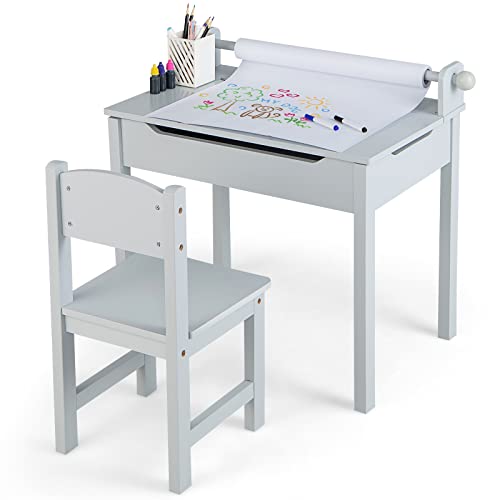 GOPLUS Kindertisch mit Stuhl, Maltisch mit Papierrolle & Marker, Aufklappbare Kindersitzgruppe mit Stauraum, Multifunktionaler Kindertisch zum Malen Spielen Essen für Kinderzimmer (Grau) von GOPLUS