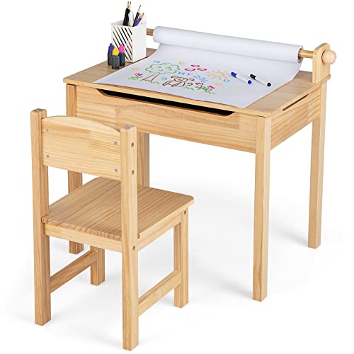 GOPLUS Kindertisch mit Stuhl, Maltisch mit Papierrolle & Marker, Aufklappbare Kindersitzgruppe mit Stauraum, Multifunktionaler Kindertisch zum Malen Spielen Essen für Kinderzimmer (Natur) von GOPLUS