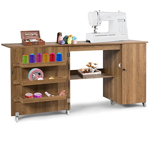 GOPLUS Klappbarer Nähtisch, 2 in 1 Nähschrank & Schreibtisch, Nähmaschinentisch auf Rollen, 3 Seitenfächer & 1 Schrank, 2 arretierbare Rollen, für Wohnzimmer Schlafzimmer Büro (Natur) von GOPLUS