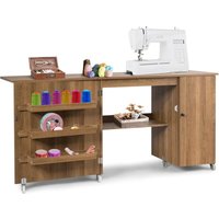 GOPLUS Klappbarer Naehtisch, 2 in 1 Naehschrank & Schreibtisch, Naehmaschinentisch auf Rollen, 3 Seitenfaecher & 1 Schrank, 2 arretierbare Rollen von GOPLUS