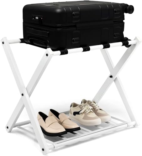 GOPLUS Kofferständer klappbar, Gepäckablage aus Metall bis 60kg belastbar, Kofferablage mit darunter liegendem Schuhregal, Kofferhocker für Hotel & Zuhause, 64x43x58 cm (Weiß-1 Stück) von GOPLUS