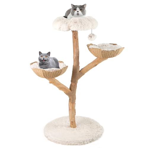 GOPLUS Kratzbaum Holz, Katzenbaum 122 cm mit 2 Rattan-Körbchen, Kratzstamm aus natürlichem Jute, blütenförmige Sitzplattform, Plüschball & erweiterter Basis, Kletterbaum für Katzen, Indoor Katzenmöbel von GOPLUS