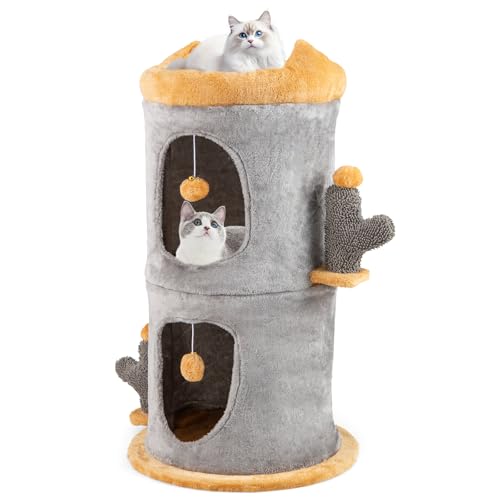 GOPLUS Kratztonne mit 2 Höhlen, trennbarer Kratzbaum mit Sitzstange, gepolsterte Katzenhöhle & 2 Bälle, 3-stöckige Katzenhaus für große & kleine Katzen, Indoor-Kratzbaum und Spielturm für Kätzchen von GOPLUS