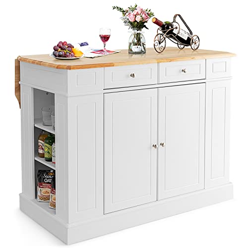 GOPLUS Kücheninsel mit erweiterbarer Arbeitsfläche, Küchenschrank aus Holz mit Schubladen und Regalen, Sideboard für Küche & Esszimmer, 120 x 60/90 x 92cm (Weiß) von GOPLUS