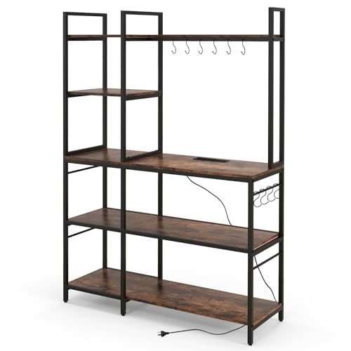 GOPLUS Küchenregal, Standregal platzsparend mit 5 Regalen & 10 Haken, mit 6 verstellbaren Füßen, Multifunktionsregal im Industrie-Stil für Mikrowellen & Bäcker, 107 x 37 x 160 cm, Braun von GOPLUS