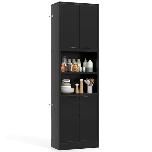 GOPLUS Küchenschrank Holz, 190cm Hochschrank mit 4 Türen & offenen Ablagen, Buffetschrank, Vorratsschrank für Küche & Wohnzimmer & Badezimmer, 56 x 30 x 190 cm (Schwarz) von GOPLUS