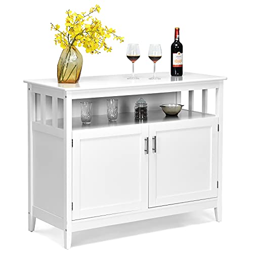 GOPLUS Küchenschrank aus Holz, Buffetschrank mit offener Ablage, verstellbarem Regal & Doppeltür, Stabiler Aufbewahrungsschrank mit Massivholzbeine, für Wohnzimmer, Küchen, 114 x 51 x 91 cm von GOPLUS