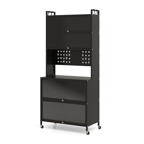 GOPLUS Küchenschrank mit 5/6 Ebenen, Buffetschrank mit Arbeitsplatte & Schränken, Vorratsschrank mit Klapptüren, Haken, Küchenbuffet mit Rollen, Mikrowellenschrank (Schwarz,80 x 40 x 178 cm) von GOPLUS