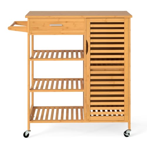 GOPLUS Küchenwagen aus Bambus, rustikale Kücheninsel mit Schublade, 3 offene Fächer, Einzeltür-Schrank, Handtuchhalter, Rollwagen Küchentrolley mit Rollen für Küche & Esszimmer von GOPLUS