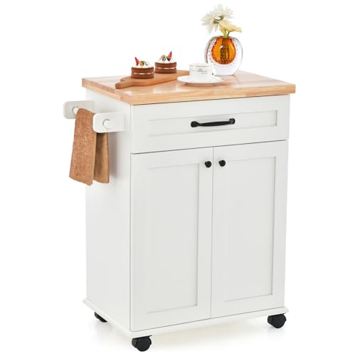 GOPLUS Küchenwagen aus Holz, Bewegliche Kücheninsel auf Rollen mit große Tischplatte, Schublade & Türschrank, Servierwagen mit 4 Universalrädern, für Küchen, Esszimmer & Kaffee, Natur + Weiß von GOPLUS