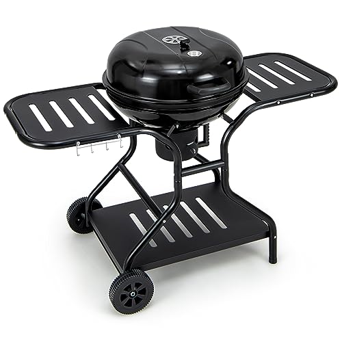 GOPLUS Kugelgrill Ø 57cm, Holzkohlegrill mit Deckel, Grillwagen auf Rädern mit Seitentischen, Thermometer, Haken & Aschetopf, BBQ Grill aus Metall für BBQ, Party, Camping, Garten & Terrasse von GOPLUS