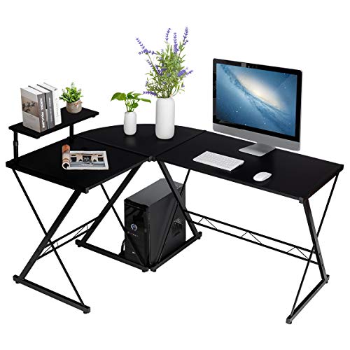 GOPLUS Laptoptisch in L-Form, Computertisch mit Drucker-&Gehäuse- Ständer, Schreibtisch aus Holz&Metall, als 2 Separate Tische Verwendbar, Eisen-Gestell, Höhenverstellbare Füße (Schwarz) von GOPLUS