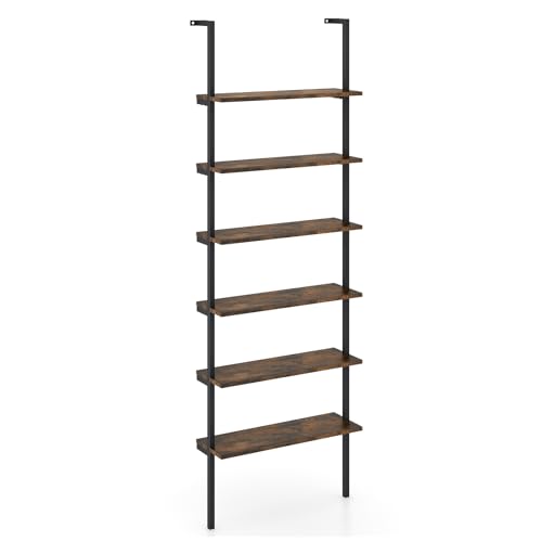 GOPLUS Leiterregal mit 6 Ebenen, Wandregal mit Metallrahmen, wandmontiertes Bücherregal Standregal Metallregal Stufenregal, für Wohnzimmer, Büro & Balkon (Rustikales Braun) von GOPLUS