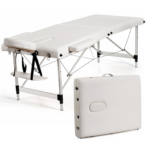 GOPLUS Massageliege, 2 Zonen Massagetisch aus Aluminium bis 250kg belastbar, Mobile Massagebank klappbar & höhenverstellbar, Massagebett mit Kopfstütze, Armlehnen & Tragetasche für Spa, Weiß von GOPLUS