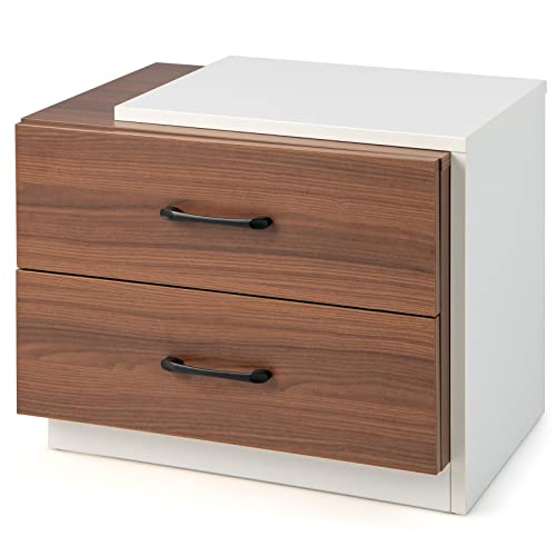 GOPLUS Nachttisch aus Holz mit Zwei Schubladen, multifunktionaler Nachtschrank, kompakter Beistelltisch für Wohnzimmer Schlafzimmer Kinderzimmer Büro, Weiß und Walnussfarbe (Einzelnes Produkt) von GOPLUS