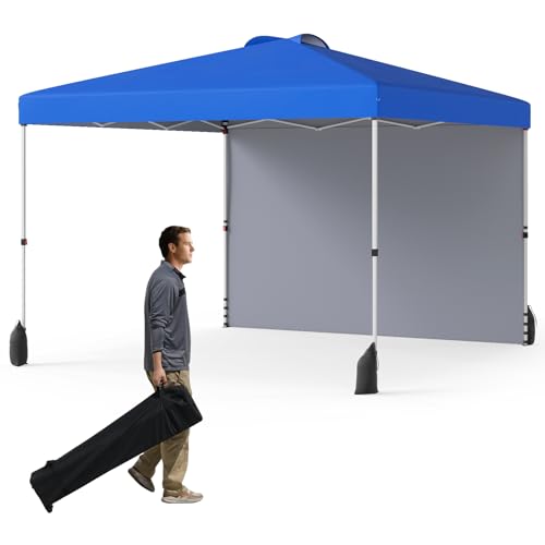 GOPLUS Pavillon 3 x 3 m, Gartenpavillon mit Seitenwand & 4 Sandsäcke, UV Schutz 50+, Pop up Faltpavillon mit Rolltasche, 8 Heringen, 4 Ankern und 4 Windseilen (Blau) von GOPLUS