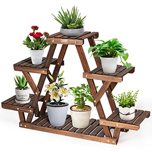 GOPLUS 6 Ebenen Blumenregal, Pflanzenregal, Blumentreppe Holz für Garten & Balkon, 99x25x64cm von GOPLUS