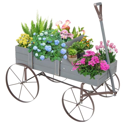 GOPLUS Pflanzschubkarre, Blumenwagen mit Rollen & Handgriff, Blumenkasten Blumenwagen Blumenständer Blumenkarre für Garten & Outdoor, 62 x 34 x 60cm (Grau) von GOPLUS