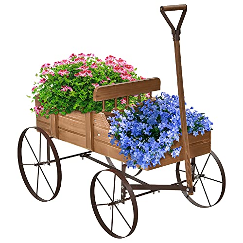 GOPLUS Pflanzschubkarre, Pflanzwagen mit Rollen & Handgriff, Blumenwagen Holz, Blumenkasten Blumenständer Blumenkarre für Garten & Outdoor, 62 x 34 x 60cm (Braun) von GOPLUS