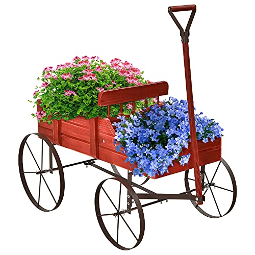 GOPLUS Pflanzschubkarre, Pflanzwagen mit Rollen & Handgriff, Blumenwagen Holz, Blumenkasten Blumenständer Blumenkarre für Garten & Outdoor, 62 x 34 x 60cm (Rot) von GOPLUS