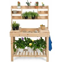Pflanztisch aus Holz, Gärtnertisch mit klappbarer Tischplatte, Gartentisch mit Ablagen & Haken, Blumentisch für Garten & & Balkon, 110 x 50 x 153 cm von GOPLUS