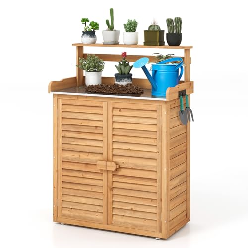 GOPLUS Pflanztisch mit Unterschrank, Gartentisch mit verzinkter Arbeitsplatte & abnehmbarem Regal, Gärtnertisch mit Stauraum, Gartenschrank für Garten Balkon Terrasse, 87 x 45 x 120 cm von GOPLUS