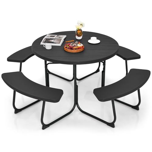 GOPLUS Picknicktisch Set, Gartenmöbel Set für 8 Personen, Sitzgruppe Outdoor inkl. 4 gebogenen Sitzen & 1 Gartentisch mit Schirmloch, Campingtisch Bierzeltgarnitur für Picknick Party (Schwarz) von GOPLUS