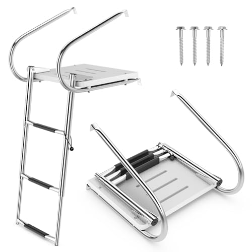 GOPLUS Poolleiter Edelstahl, Bootleiter klappbar mit Plattform, Handlauf, 3 Stufen & Antirutschpads, Schwimmbadleiter Tiefbeckenleiter bis 227kg belastbar, Badeleiter für Yacht Deck Pool & Boot von GOPLUS